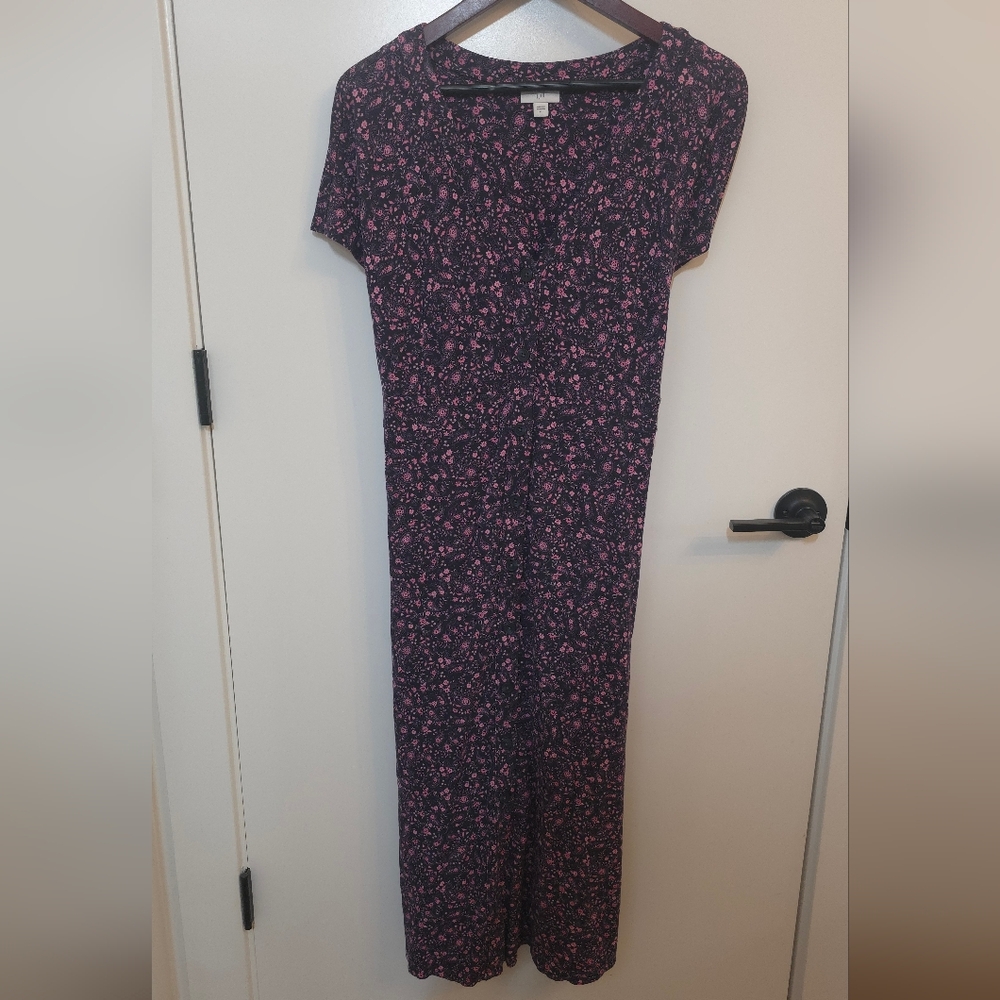 Dark Navy Floral Maxi Dress with Pink Print